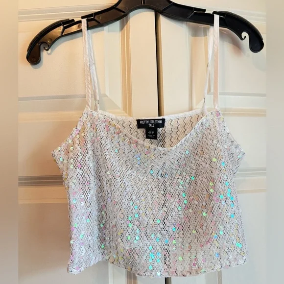 PrettyLittleThing White Sequin Crop Camisole Size 8 - Picture 1 of 5